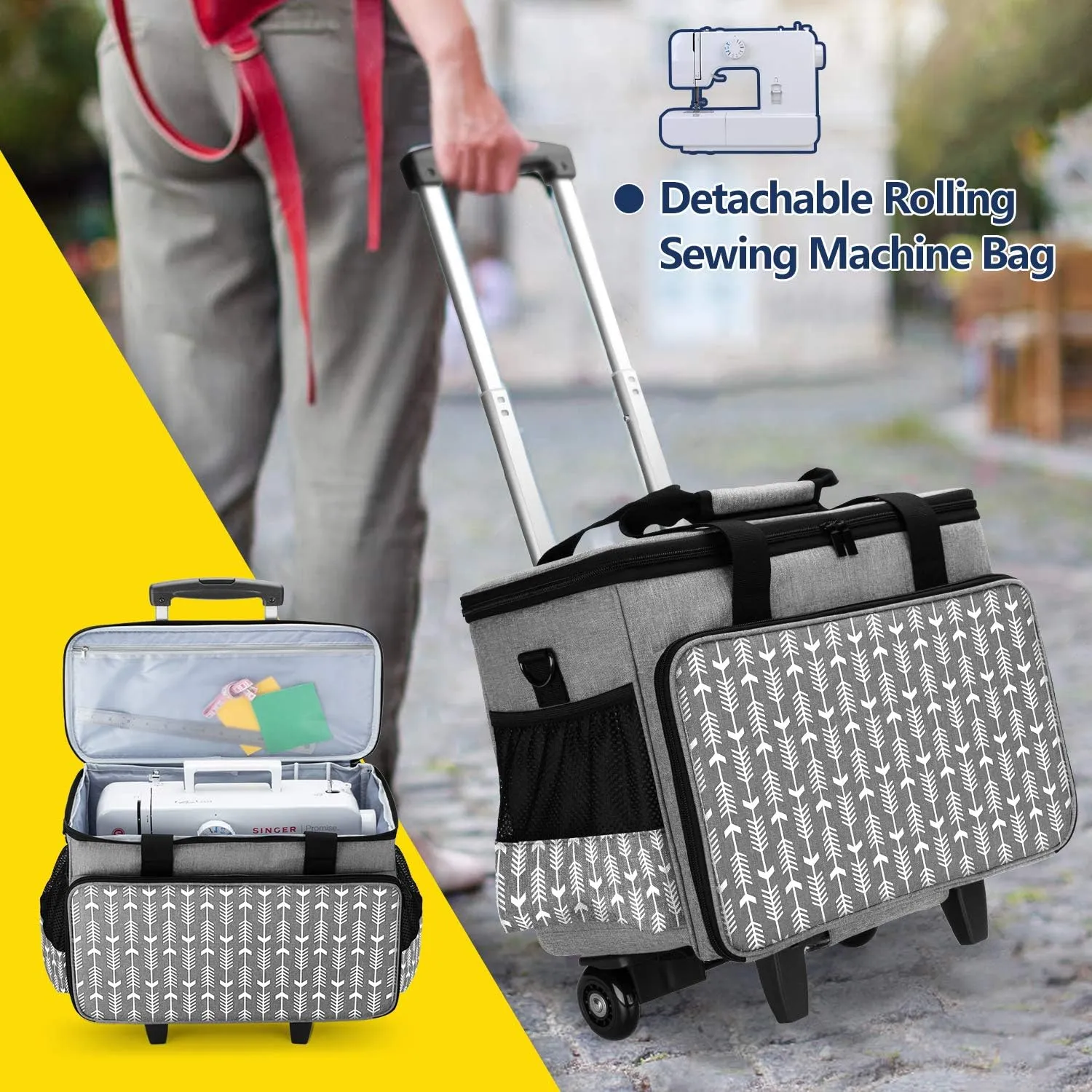 Yarwo 𝟐𝟎𝟐𝟓 𝐍𝐄𝐖 Detachable Rolling Sewing Machine Carrying Case, Trolley Tote Bag with Removable Bottom Board for Most Standard Sewing Machine and Accessoriess, Gray with Arrow
