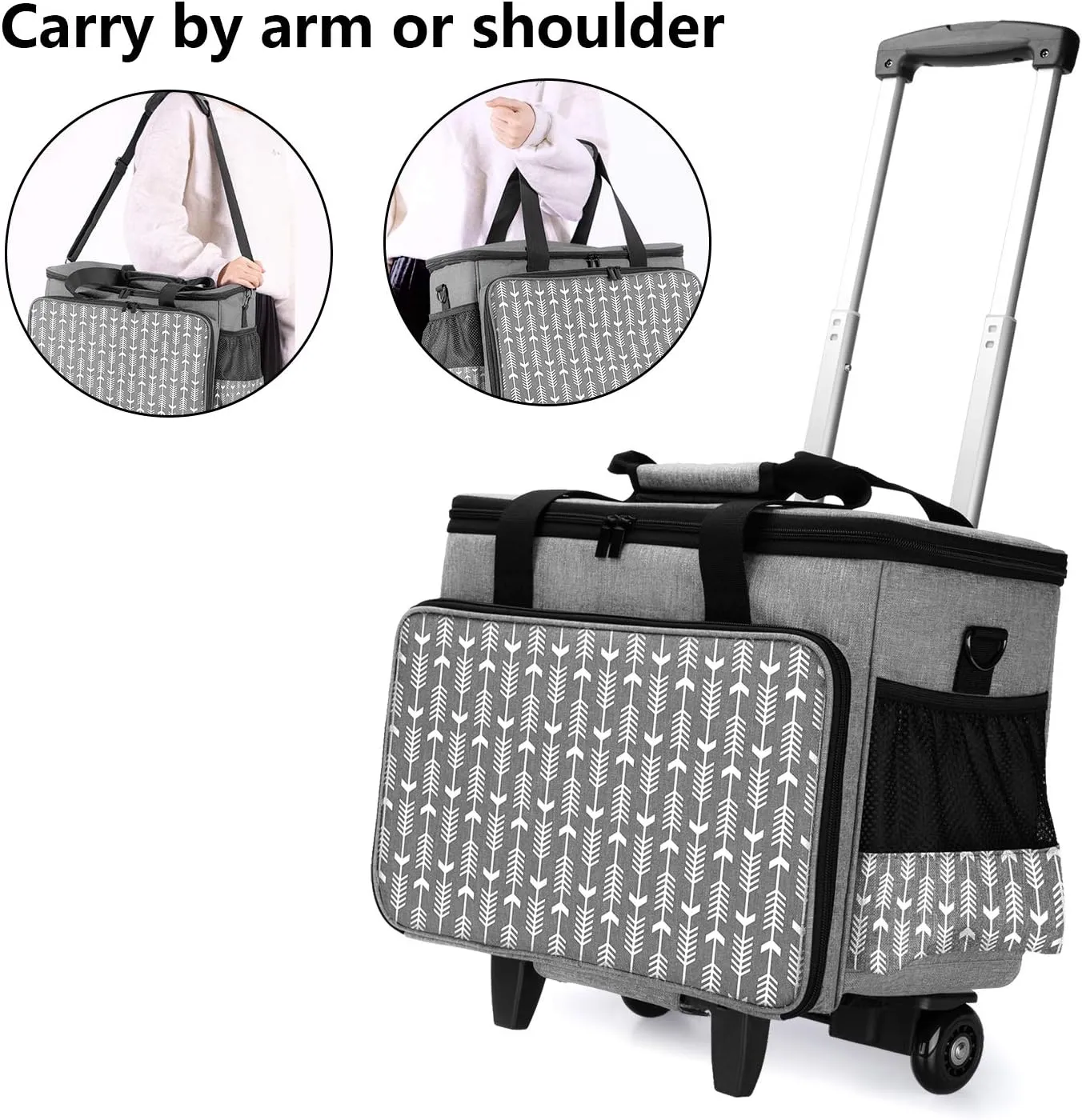 Yarwo 𝟐𝟎𝟐𝟓 𝐍𝐄𝐖 Detachable Rolling Sewing Machine Carrying Case, Trolley Tote Bag with Removable Bottom Board for Most Standard Sewing Machine and Accessoriess, Gray with Arrow
