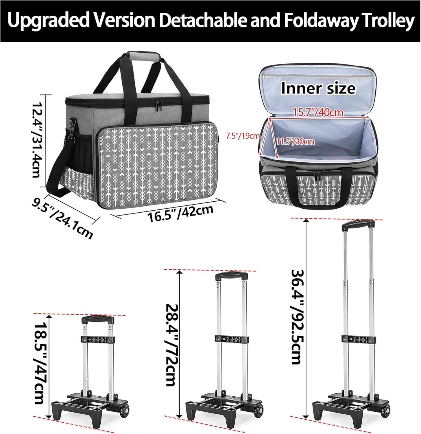 Yarwo 𝟐𝟎𝟐𝟓 𝐍𝐄𝐖 Detachable Rolling Sewing Machine Carrying Case, Trolley Tote Bag with Removable Bottom Board for Most Standard Sewing Machine and Accessoriess, Gray with Arrow