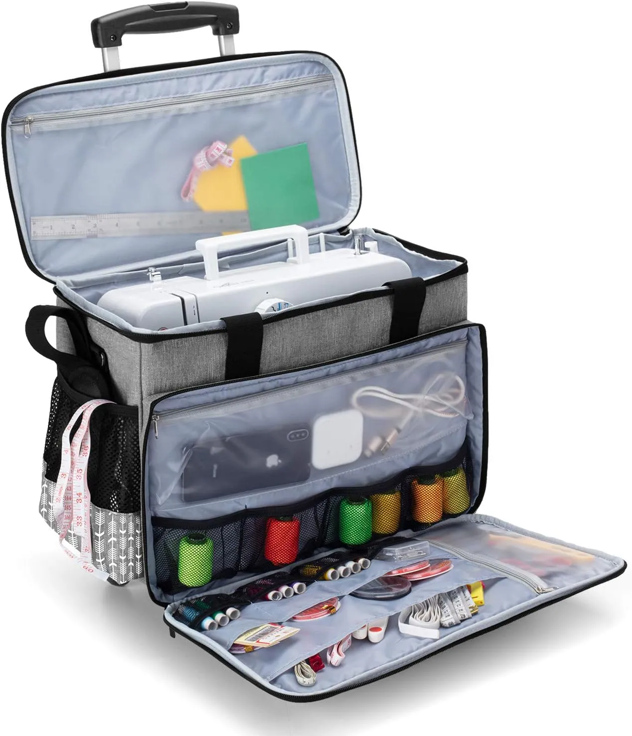 Yarwo 𝟐𝟎𝟐𝟓 𝐍𝐄𝐖 Detachable Rolling Sewing Machine Carrying Case, Trolley Tote Bag with Removable Bottom Board for Most Standard Sewing Machine and Accessoriess, Gray with Arrow