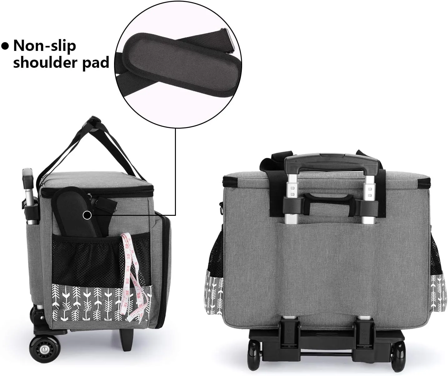 Yarwo 𝟐𝟎𝟐𝟓 𝐍𝐄𝐖 Detachable Rolling Sewing Machine Carrying Case, Trolley Tote Bag with Removable Bottom Board for Most Standard Sewing Machine and Accessoriess, Gray with Arrow