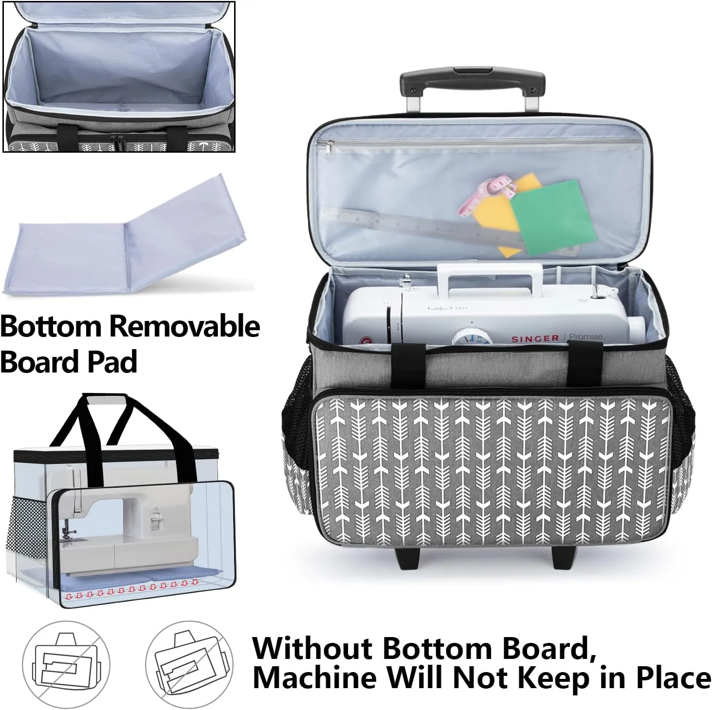 Yarwo 𝟐𝟎𝟐𝟓 𝐍𝐄𝐖 Detachable Rolling Sewing Machine Carrying Case, Trolley Tote Bag with Removable Bottom Board for Most Standard Sewing Machine and Accessoriess, Gray with Arrow