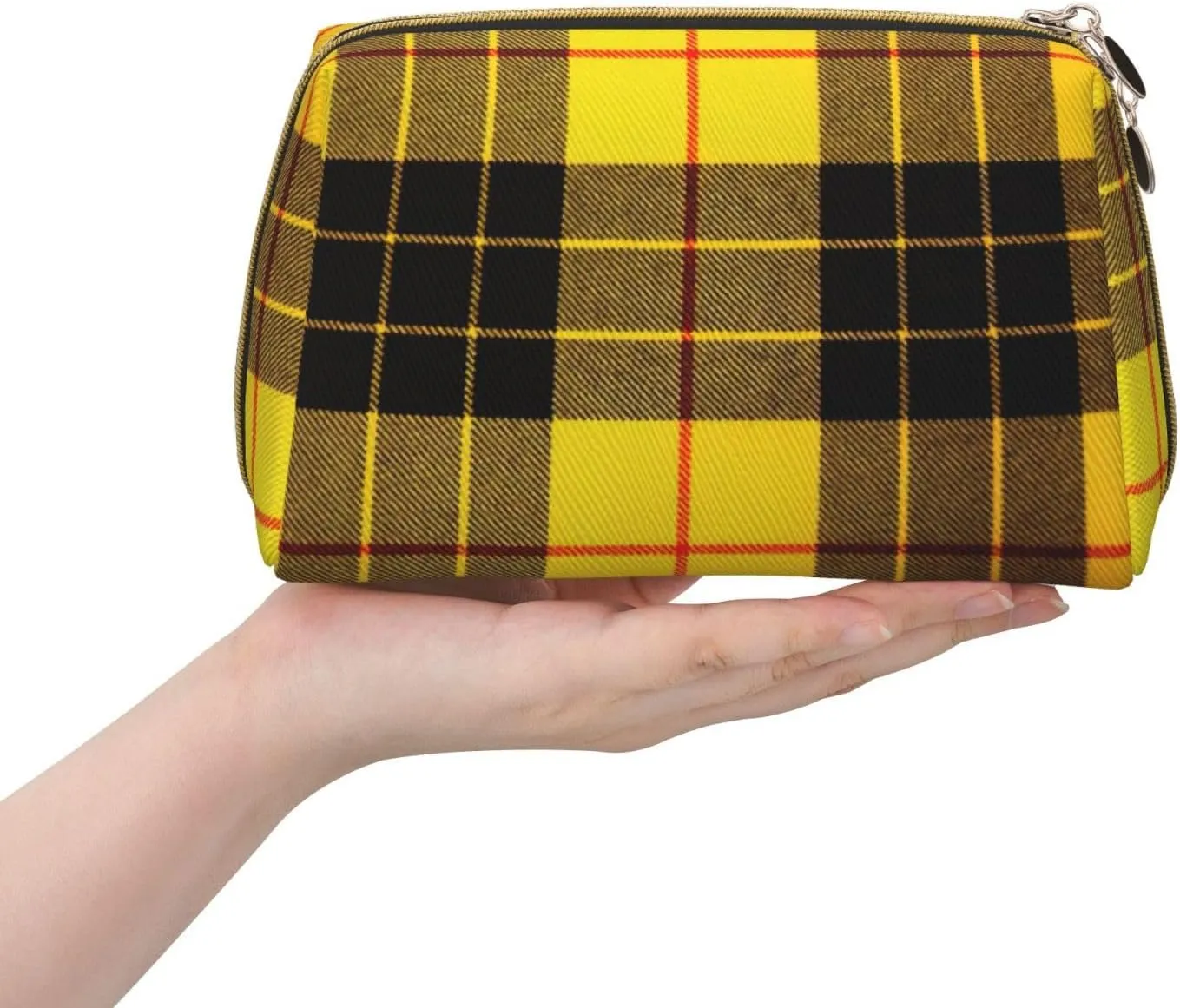 Yellow Gray Black Plaid Toiletry Pouch, Travel-Friendly Makeup Organizer For Makeup Brushes, Lipsticks