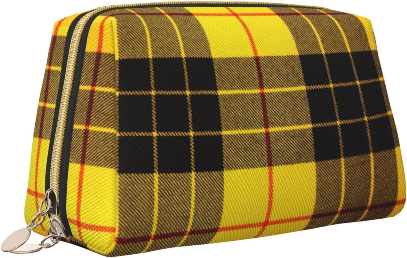 Yellow Gray Black Plaid Toiletry Pouch, Travel-Friendly Makeup Organizer For Makeup Brushes, Lipsticks