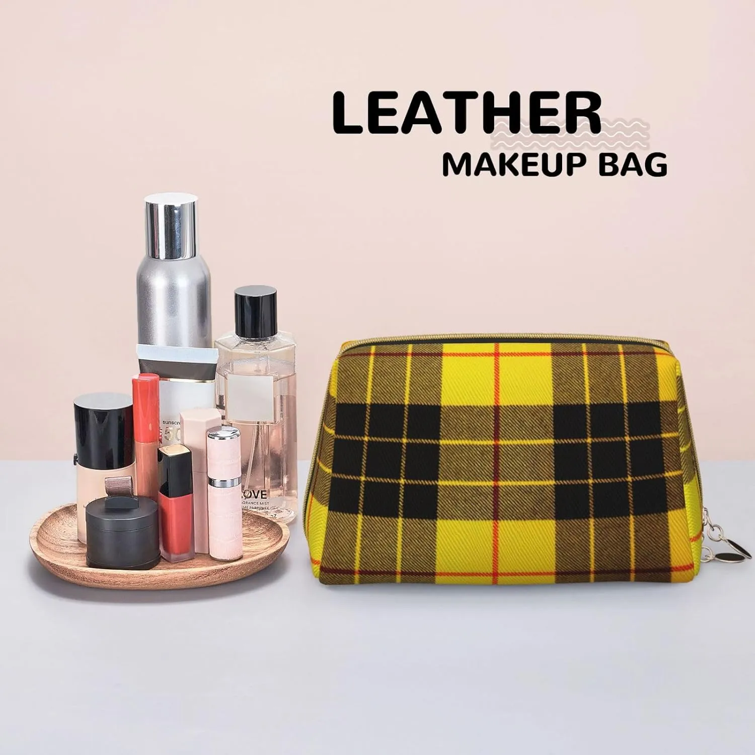Yellow Gray Black Plaid Toiletry Pouch, Travel-Friendly Makeup Organizer For Makeup Brushes, Lipsticks