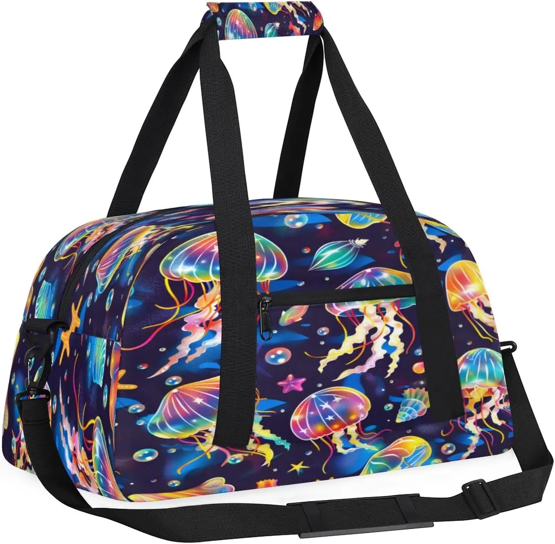 Yzrwebo Colourful Jellyfish Kids Gym Sport Bag for Boys Girls, Jellyfish Travel Duffle Bag Gymnastics Dance Bag Teen Weekender Overnight Carry on Tote Bags