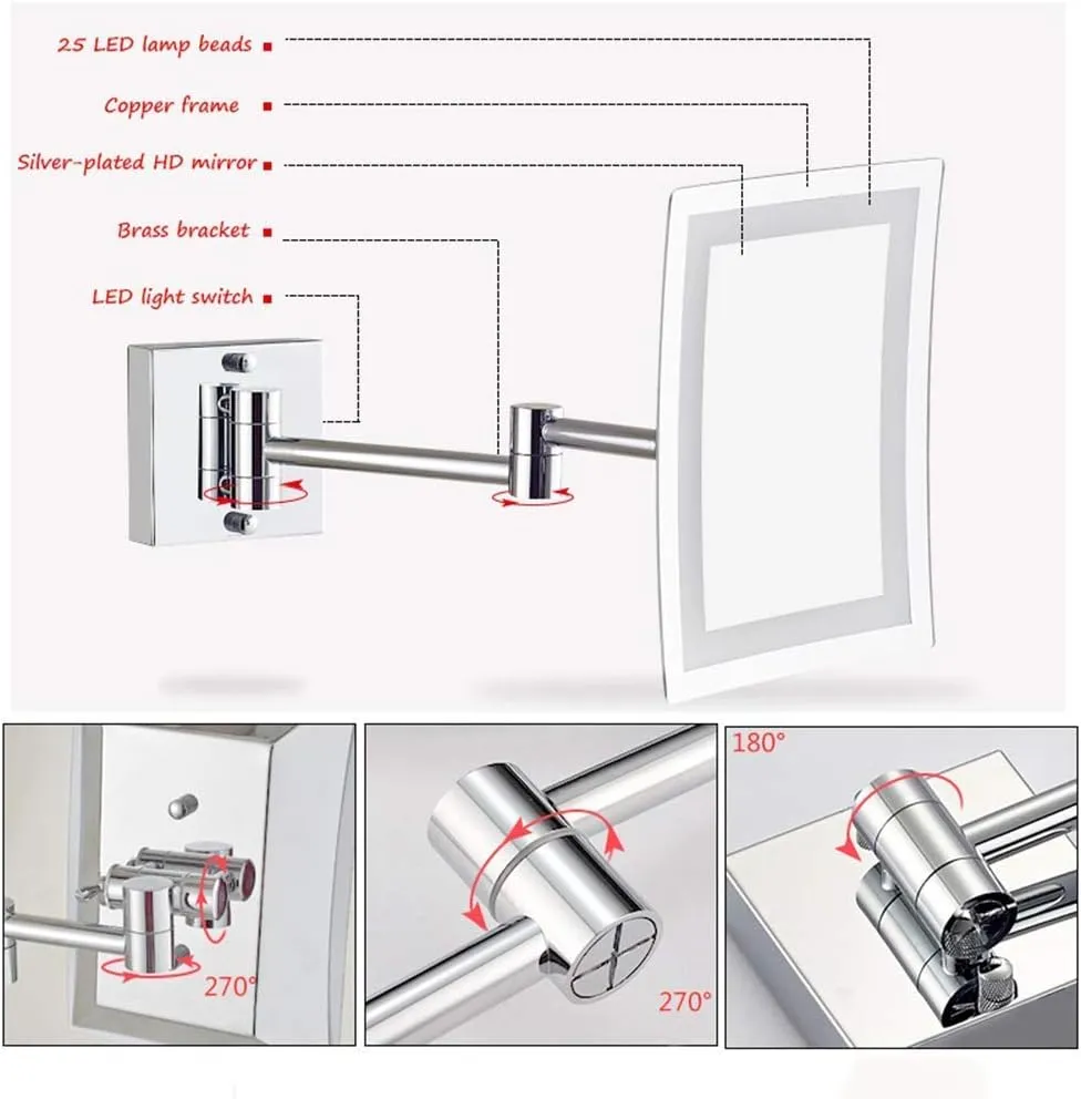 ZADIKO Bathroom Wall-Mounted Makeup Mirror Foldable Telescopic Rotating Metal Copper Square Cosmetic Mirror 8 Inches