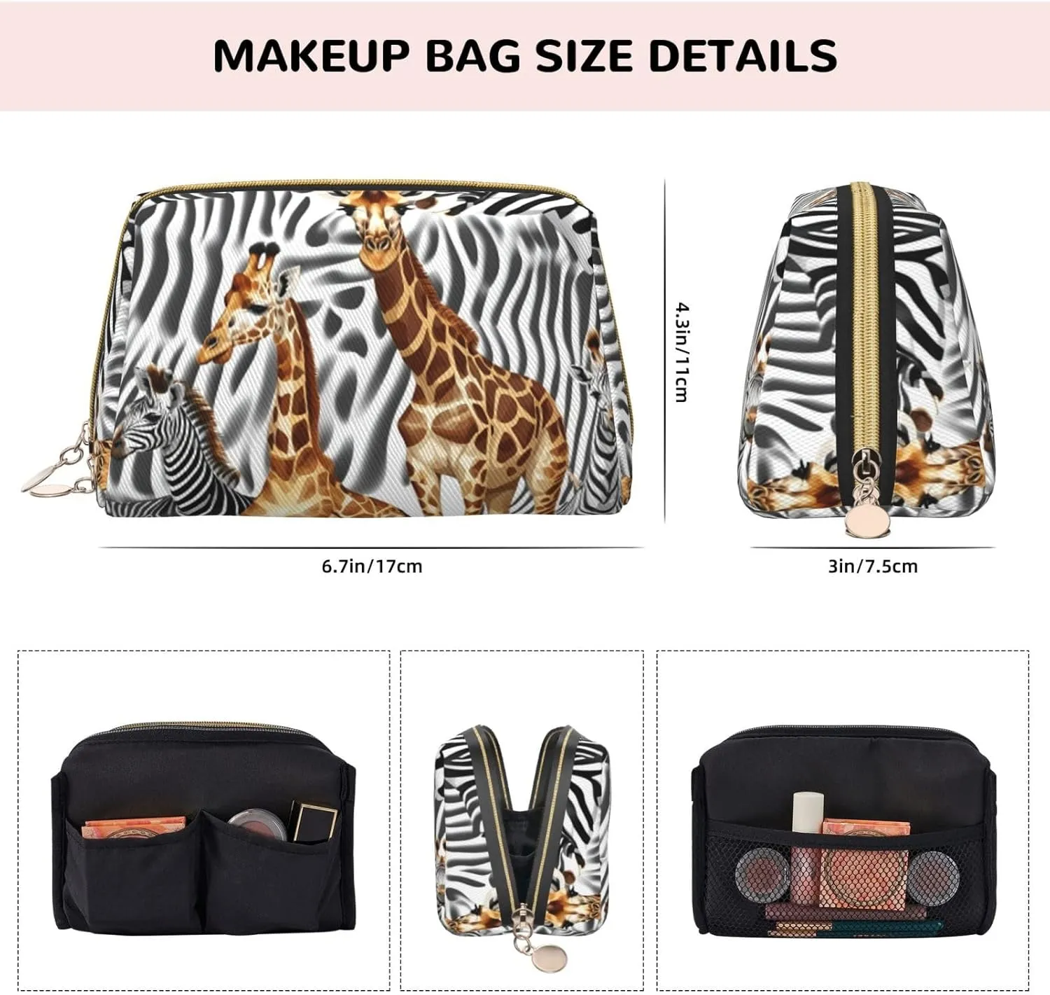 Zebra And Giraffe Toiletry Pouch, Travel-Friendly Makeup Organizer For Makeup Brushes, Lipsticks