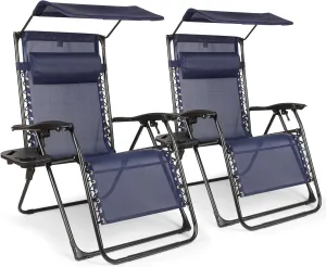 Zero Gravity Chairs Set of 2, Oversized Outdoor Recliner Patio Lounge Chair with Canopy Shade, Foldable Outdoor Lounger with Cup Holder Tray for Backyard Beach Camping,Navy Blue