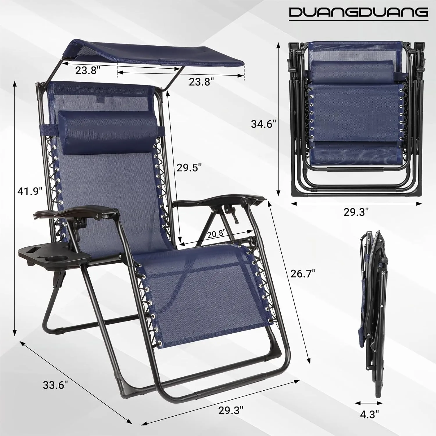 Zero Gravity Chairs Set of 2, Oversized Outdoor Recliner Patio Lounge Chair with Canopy Shade, Foldable Outdoor Lounger with Cup Holder Tray for Backyard Beach Camping,Navy Blue