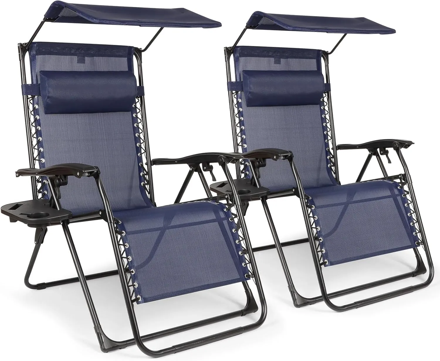 Zero Gravity Chairs Set of 2, Oversized Outdoor Recliner Patio Lounge Chair with Canopy Shade, Foldable Outdoor Lounger with Cup Holder Tray for Backyard Beach Camping,Navy Blue