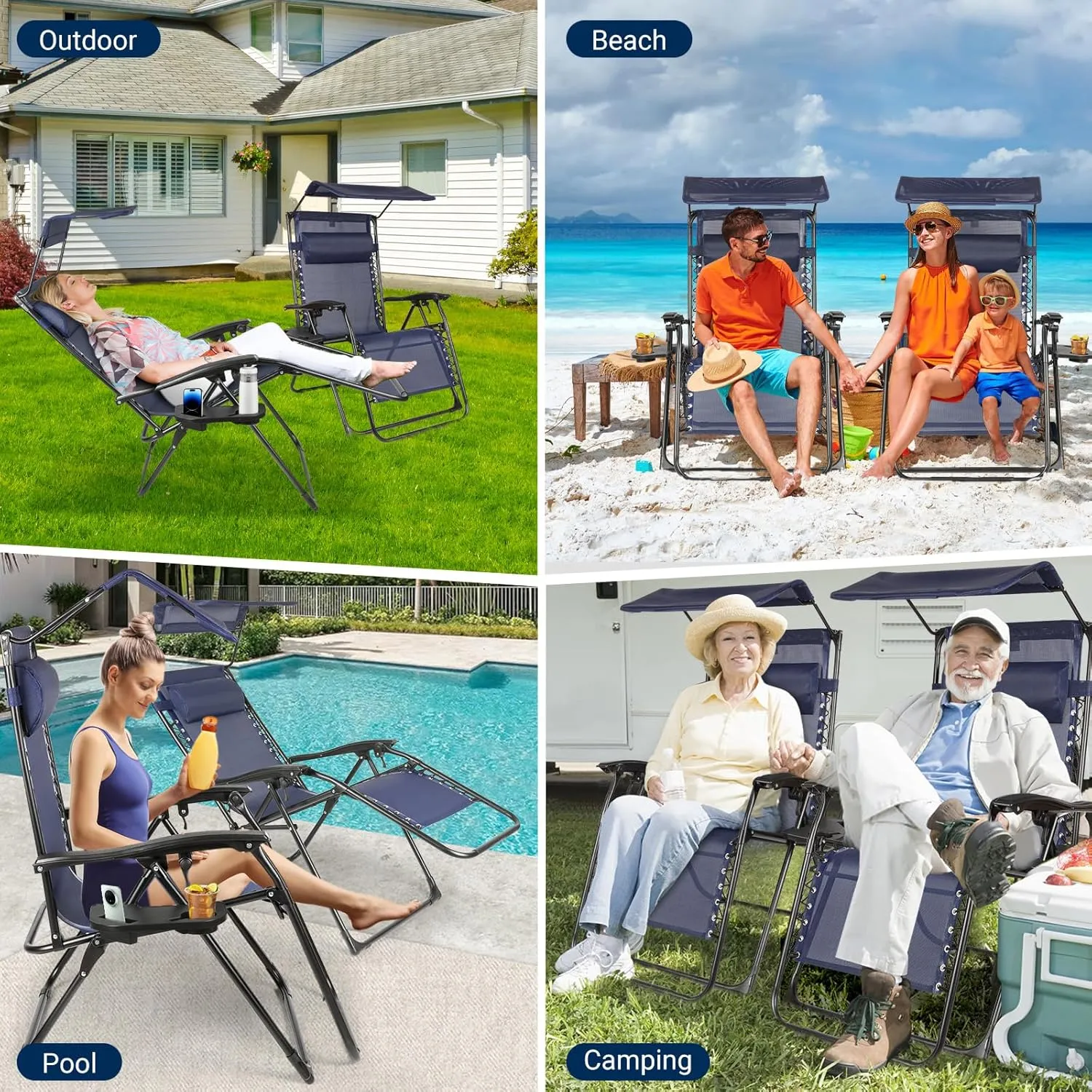 Zero Gravity Chairs Set of 2, Oversized Outdoor Recliner Patio Lounge Chair with Canopy Shade, Foldable Outdoor Lounger with Cup Holder Tray for Backyard Beach Camping,Navy Blue